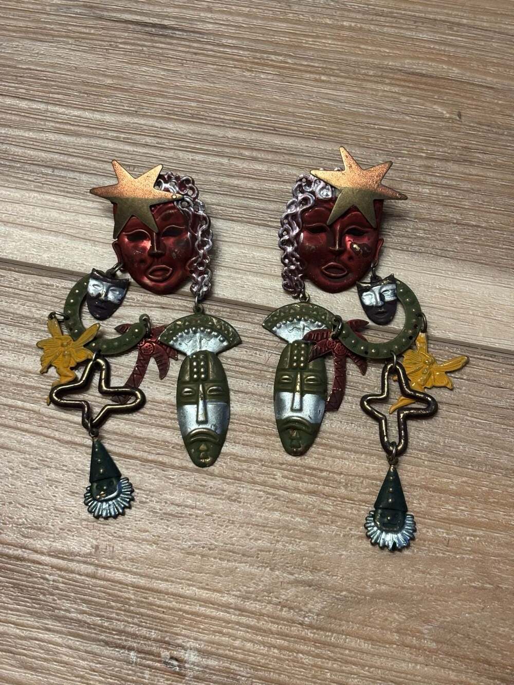 Vintage Liztech Mixed Media Tribal Mask Statement Earrings